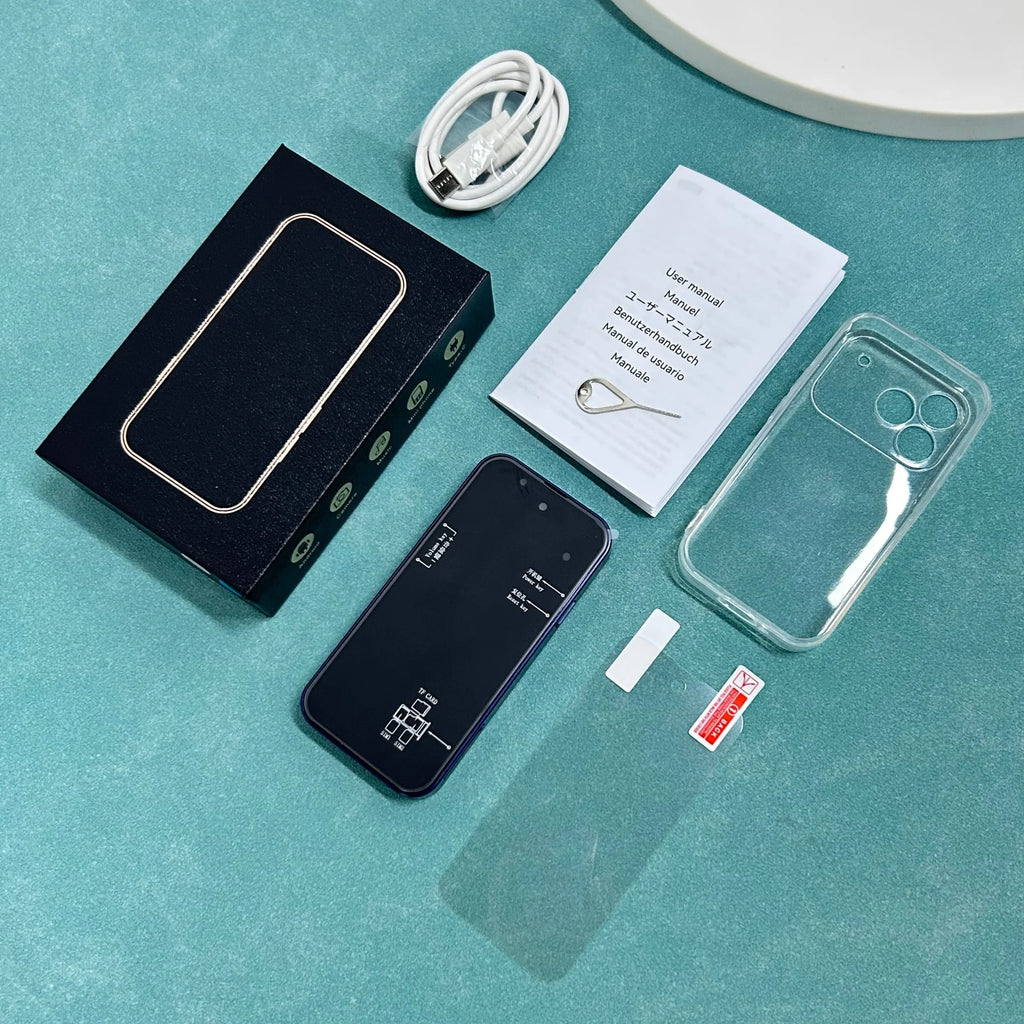 ONEMYTH A18 Pro 4-inch 4G mini smartphone set with box, manual, case, and cable on teal background.