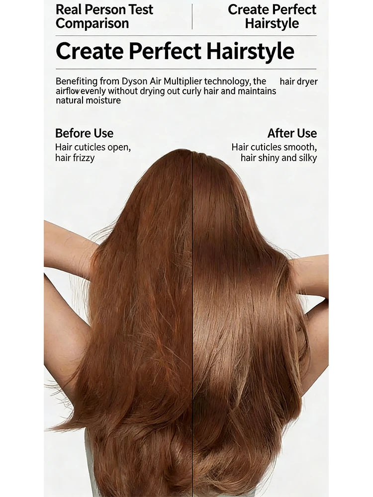 Before and after hair comparison using a high-speed professional hair dryer for smooth, shiny, and frizz-free styling.