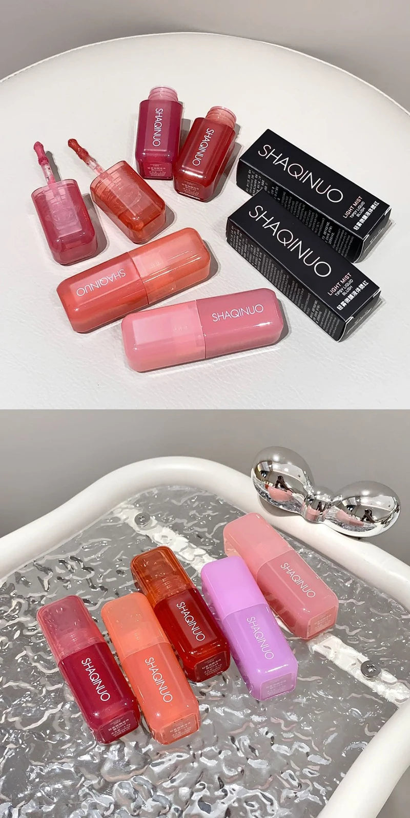 Tidesmit SHAQINUO soft matte liquid blush in peach pink and violet shade swatch for natural waterproof face makeup