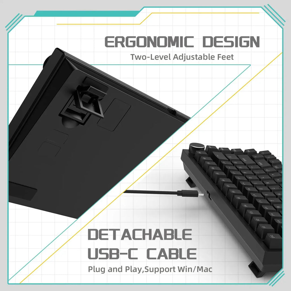 AJAZZ AK820 Wired Mechanical Gaming Keyboard 75% Layout 82 Key Hot-Swappable Design Metal Volume Knob Ideal Esports Office Use
