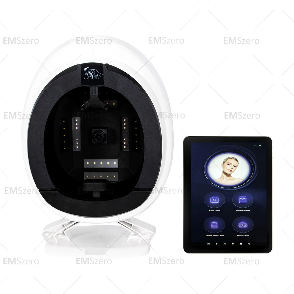 White smart facial skin analysis machine with LED scanner and tablet display for anti-aging and skin health testing.