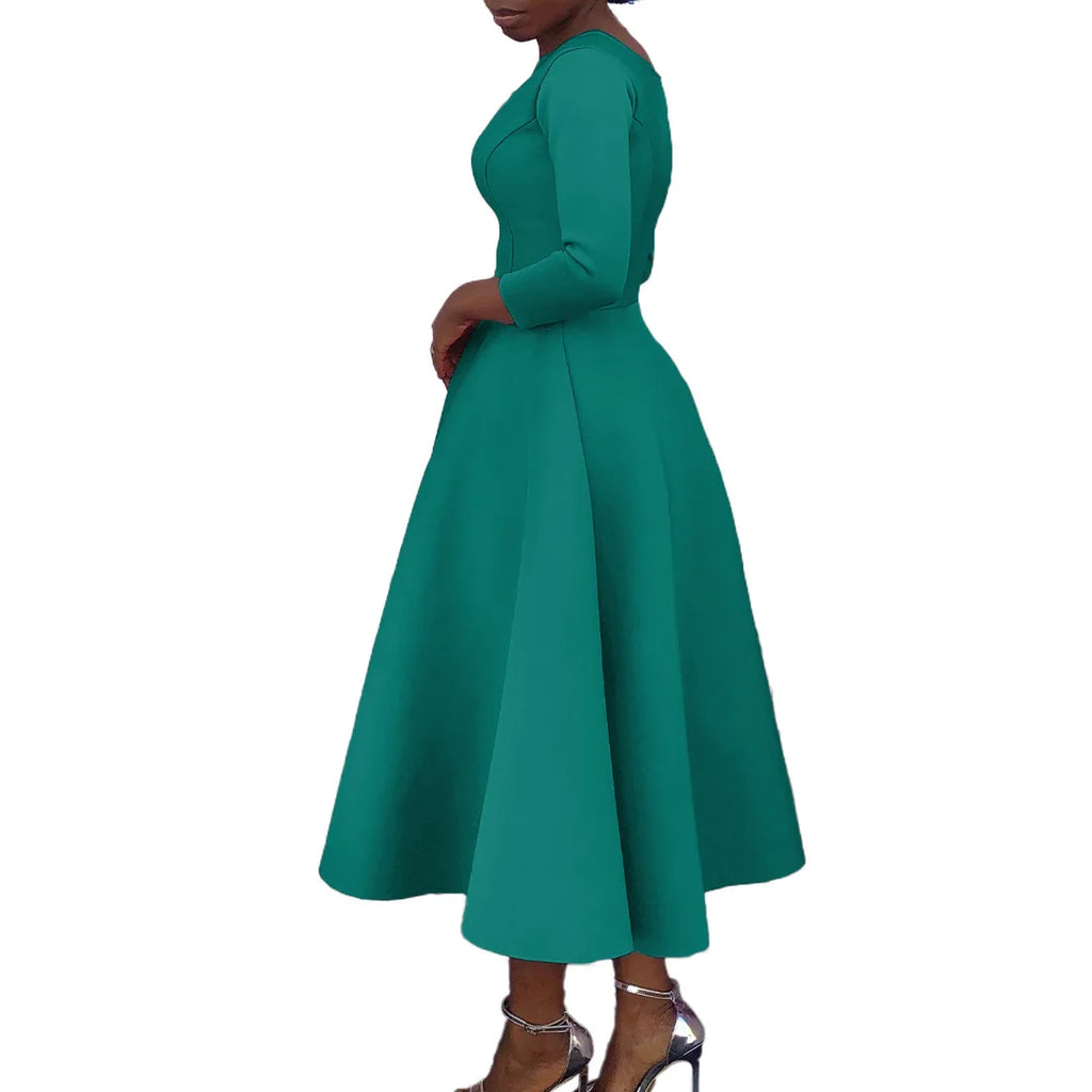 Elegant Pure Color Maxi Dress Evening Gown A- Line Skirt Polyester Fabric round Neck Short Sleeve High Waist Midi Dress