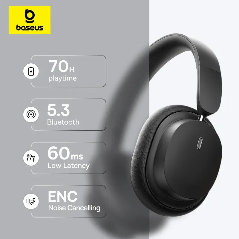 Baseus Wireless Headphones Bluetooth 5.3 HIFI Level Earphone 40mm Driver Foldable Over Ear Headsets 70H Playtime Spatial Audio Tidesmit