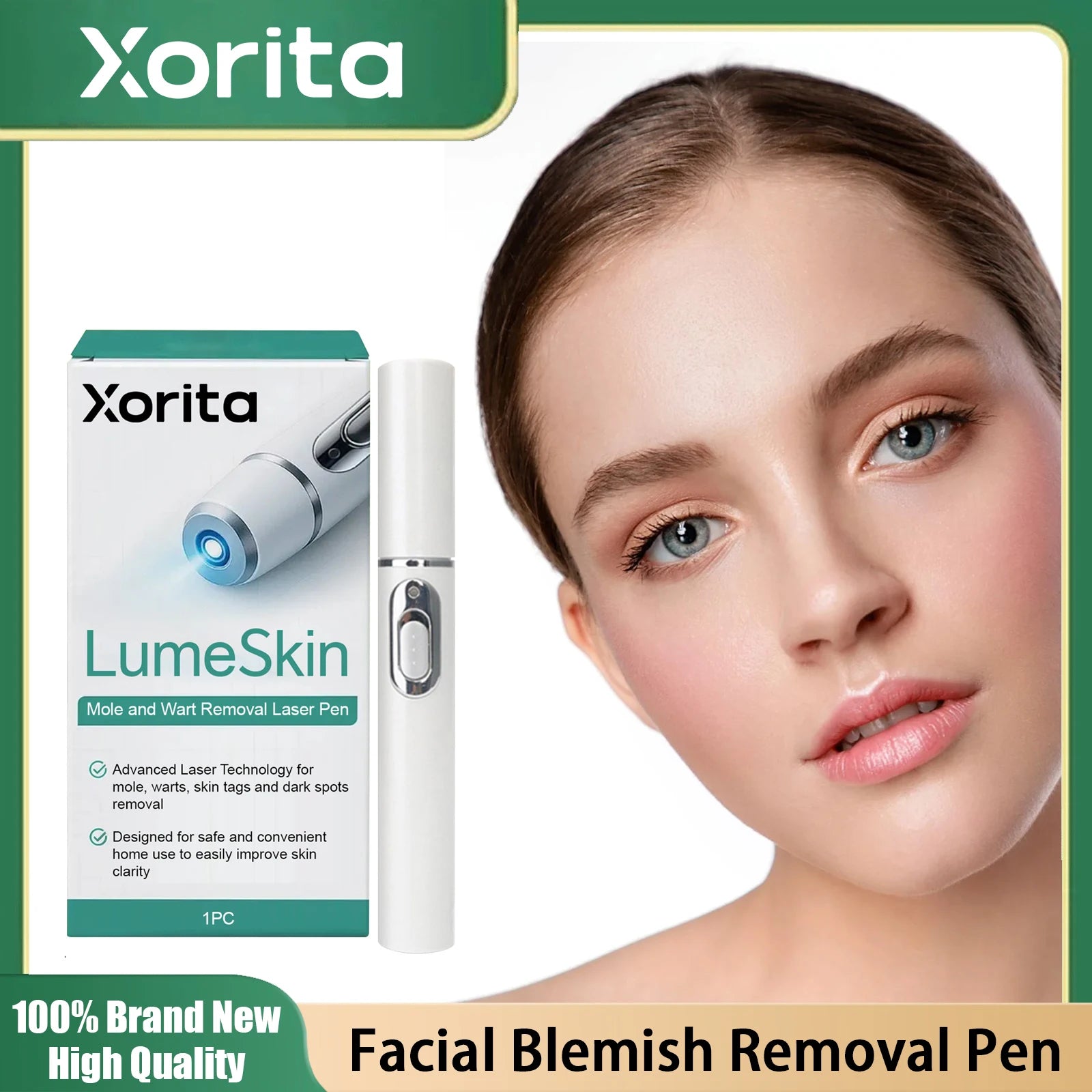 White Xorita LumeSkin laser pen for blemish removal, shown next to its product box and a woman with clear skin.