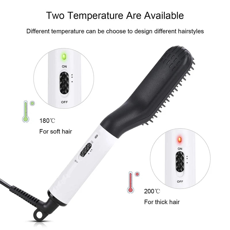 Portable black and white electric beard straightener comb with dual heat settings for styling men's hair.