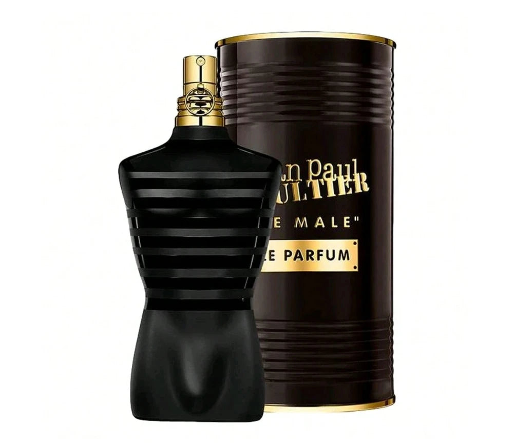 Jean Paul Gaultier Le Male Le Parfum for men. Iconic torso bottle and metal canister, intense amber scent fragrance.