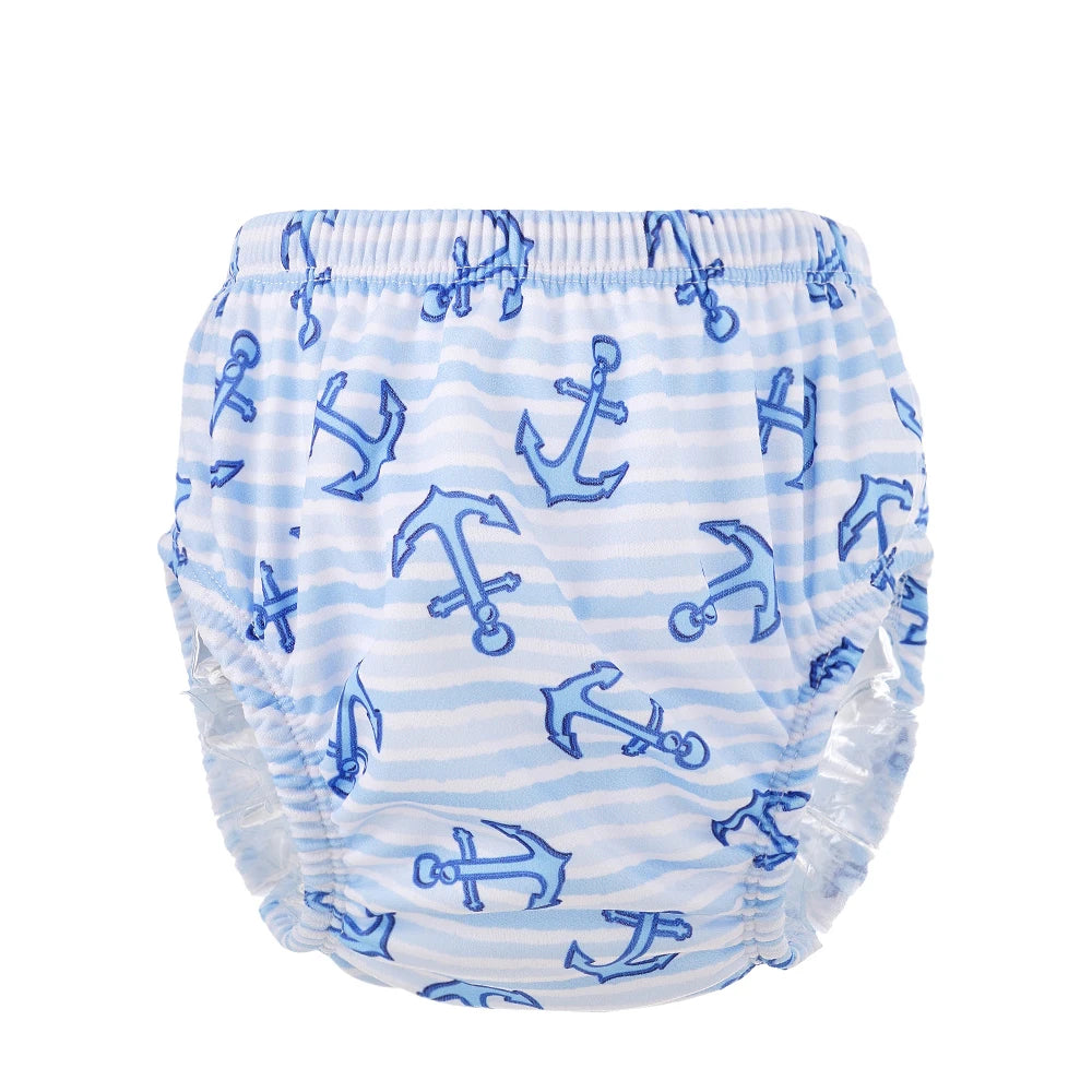Reusable baby swim diaper with blue and white striped anchor print for nautical style baby care.
