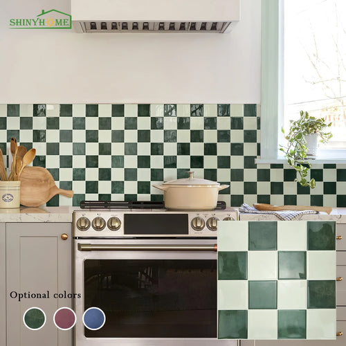 Self-adhesive square wall tiles in dark green and white checker mosaic pattern.