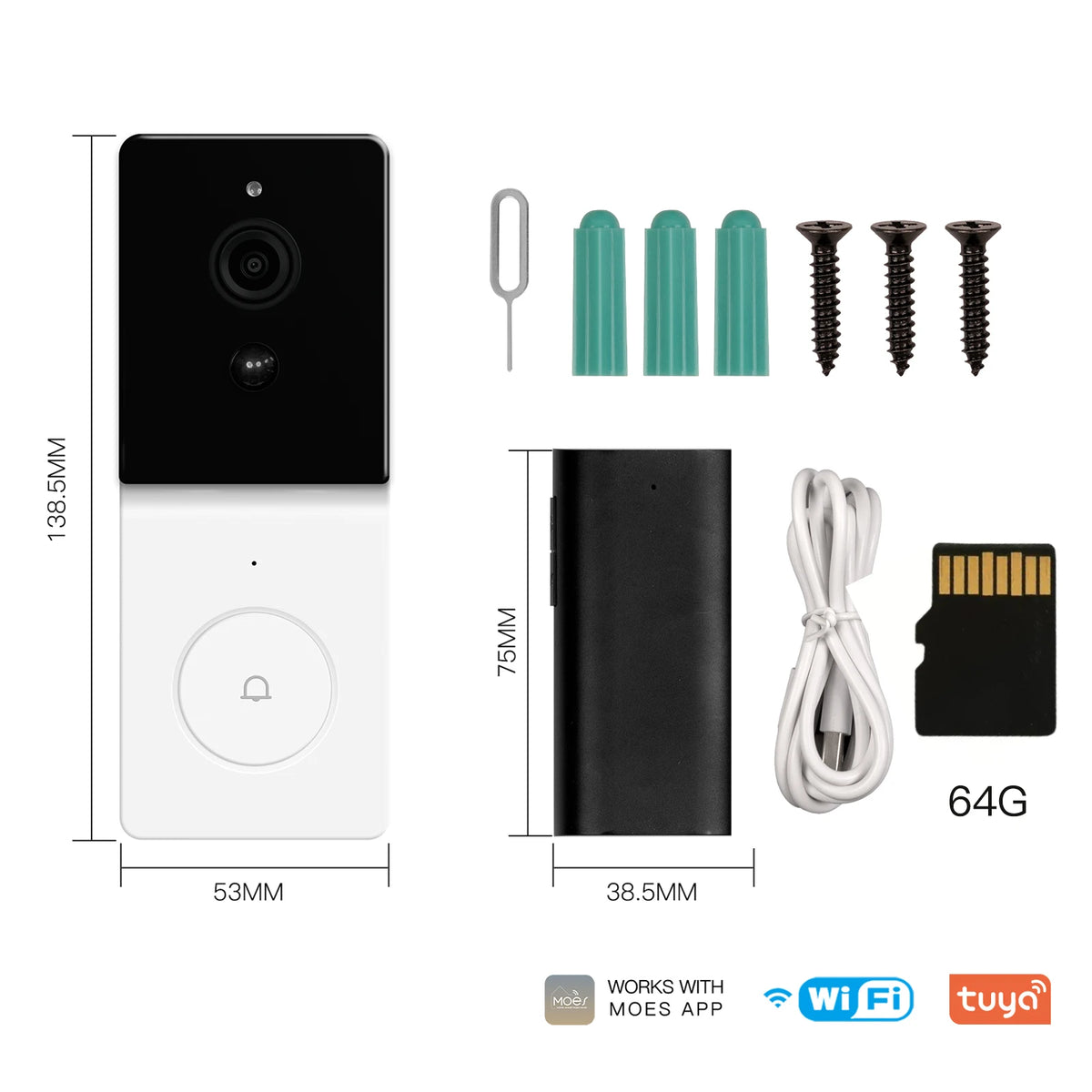 Black and white WiFi video doorbell with 64G microSD card, mounting screws, and cable