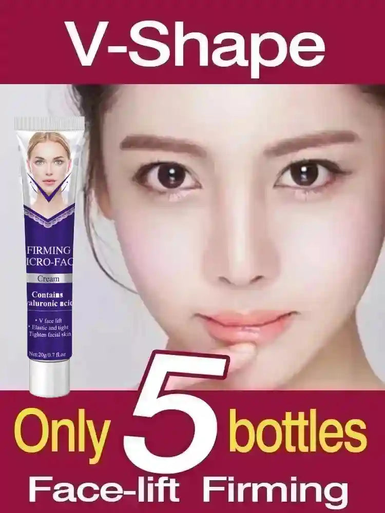 A tube of blue V-Line face-lifting cream, set against a background featuring a woman's face and text about 5 bottles.
