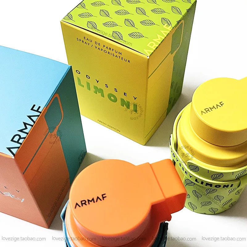 Armaf Odyssey Limoni EDP: 100ml men’s citrus cologne. Bright round bottles with leaf-print packaging. Dubai fragrance.