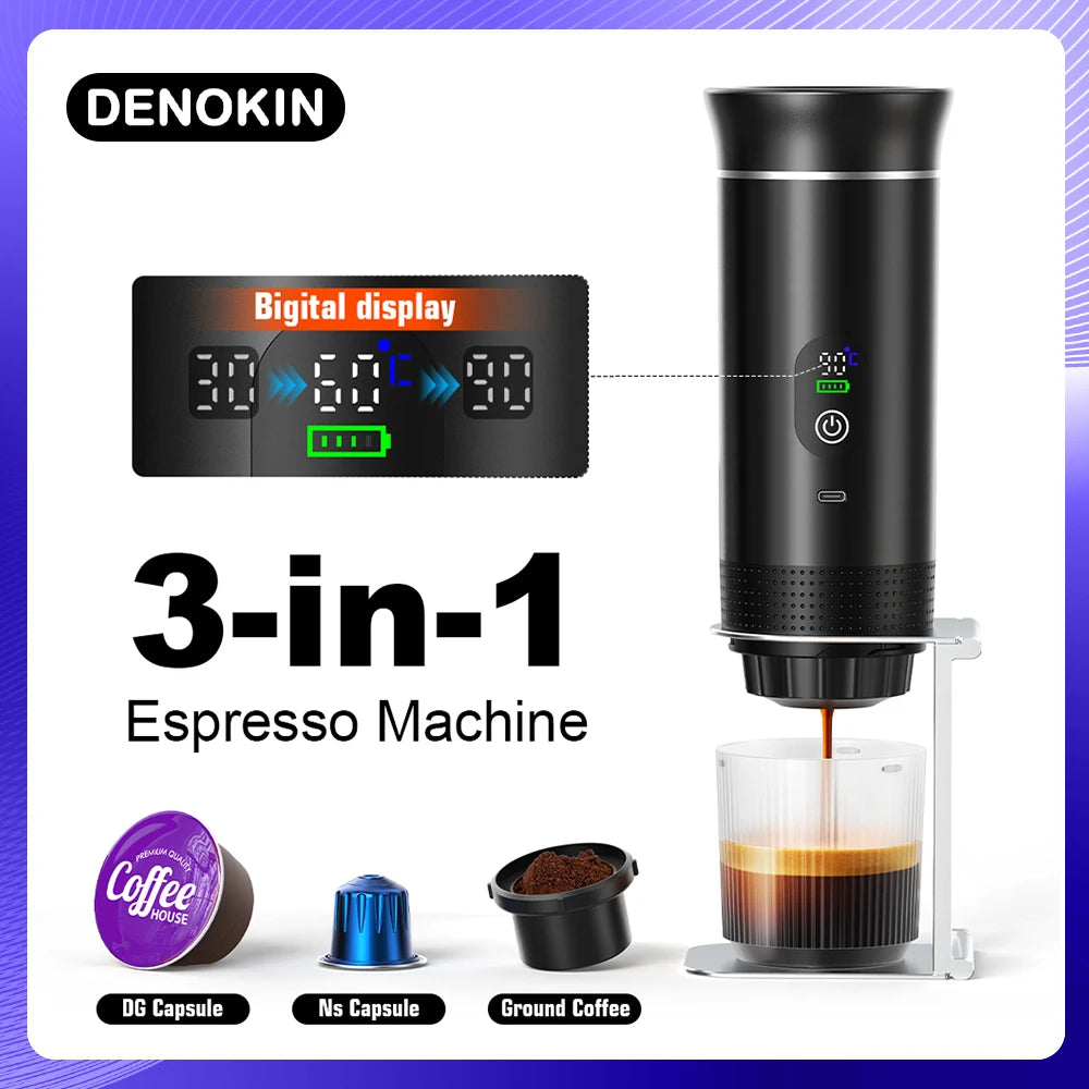 DENOKIN 3-in-1 portable black espresso machine with digital battery display for capsules and ground coffee.