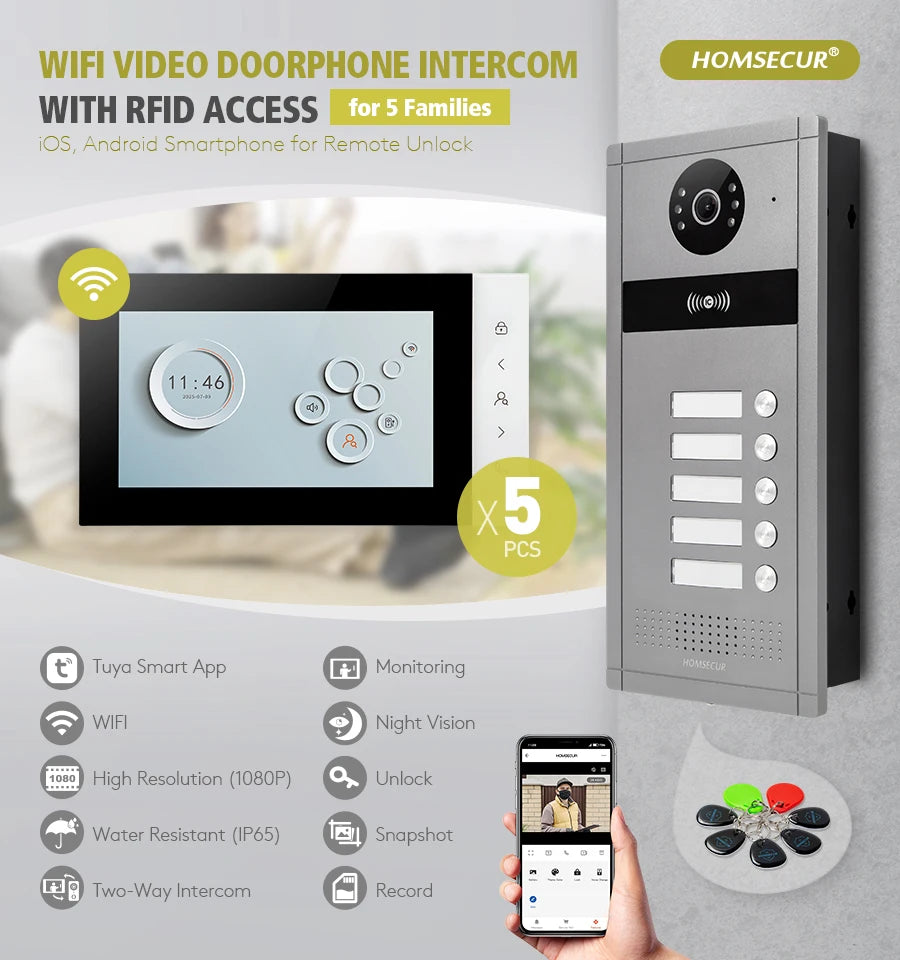 Smart Life Tuya APP Control HOMSECUR 7" WiFi Video Doorphone Night Vision Doorbell Intercom Kit for 5 Households