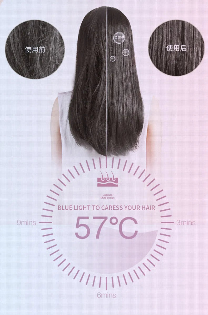 Mini hair dryer with blue light ion technology and 57°C constant heat for quick-drying, smooth, frizz-free hair.