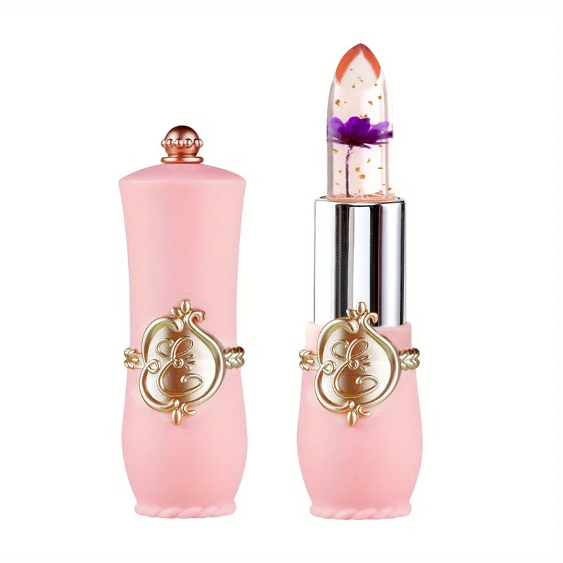 Crystal flower jelly lipstick with gold flakes in a pink vintage tube, moisturizing color-changing lip balm.
