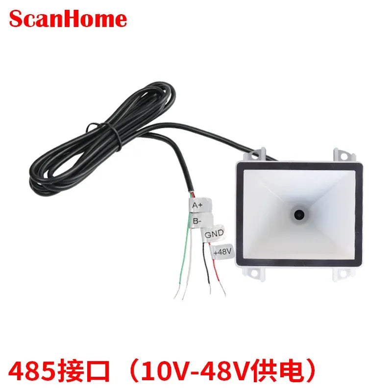 Fixed-mount barcode scanner with RS485 interface and 10V–48V power leads