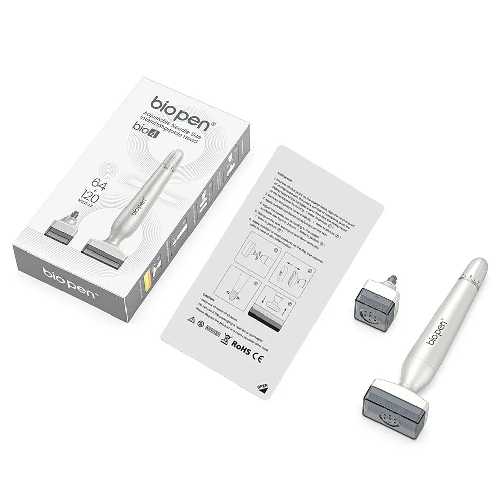 Bio4 adjustable microneedling pen with replaceable derma stamp heads for beard and hair growth, box and manual.