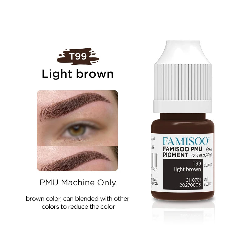 Eyebrow Tattoo Ink - Professional 5ml Microblading Pigment for PMU Machines Permanent Makeup Machines T99 Light brown Tidesmit