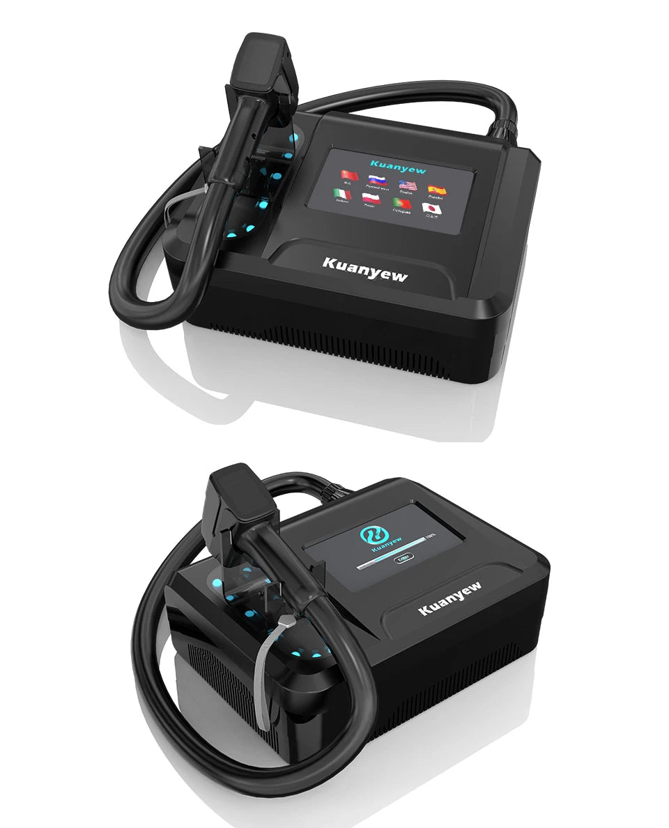 Black Kuanyew 808nm diode laser hair removal device with touch screen, cooling probe, and professional aesthetic design.