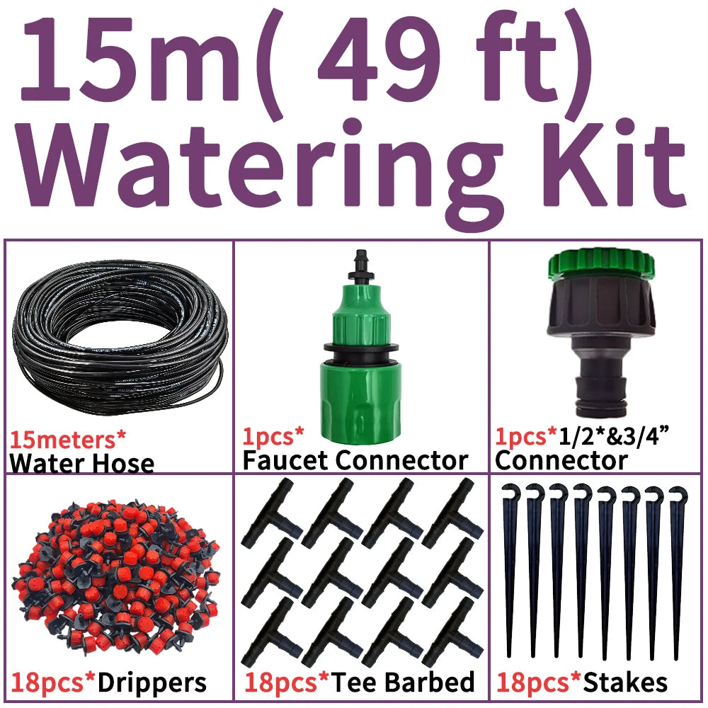 15m watering kit with black drip hose, green faucet connector, tee barbed fittings, stakes