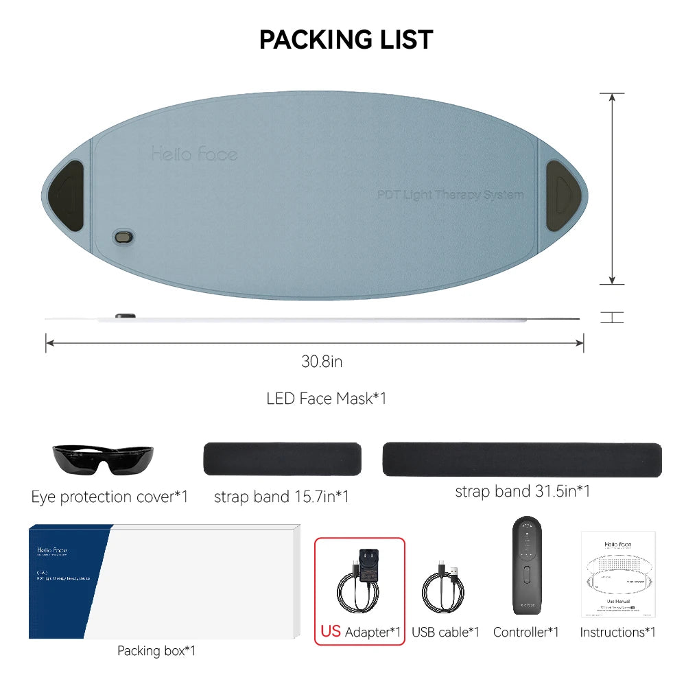 Packing list for Hello Face L6 LED therapy device, including oval blue light panel, goggles, straps, and accessories.