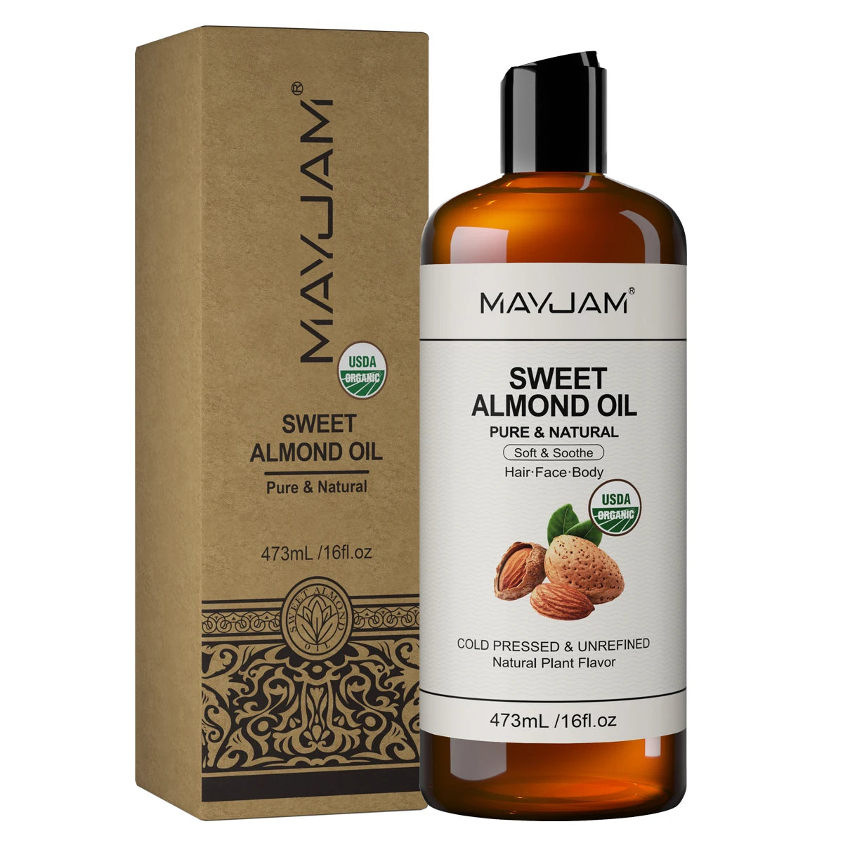 Sweet almond oil bottle and kraft box, cold pressed & unrefined 473 mL
