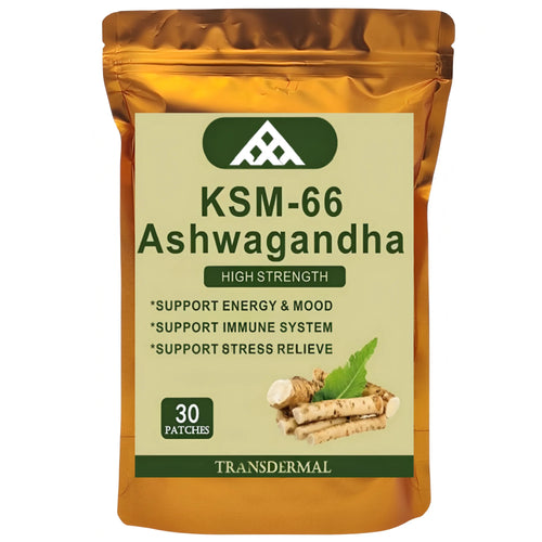 KSM-66 Ashwagandha 30-patch supplement for stress relief in a gold pouch. Adaptogen energy and mood support.