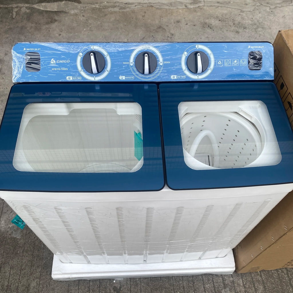 Tidesmit 11kg twin tub washing machine side profile showing dual tub layout and high performance control panel