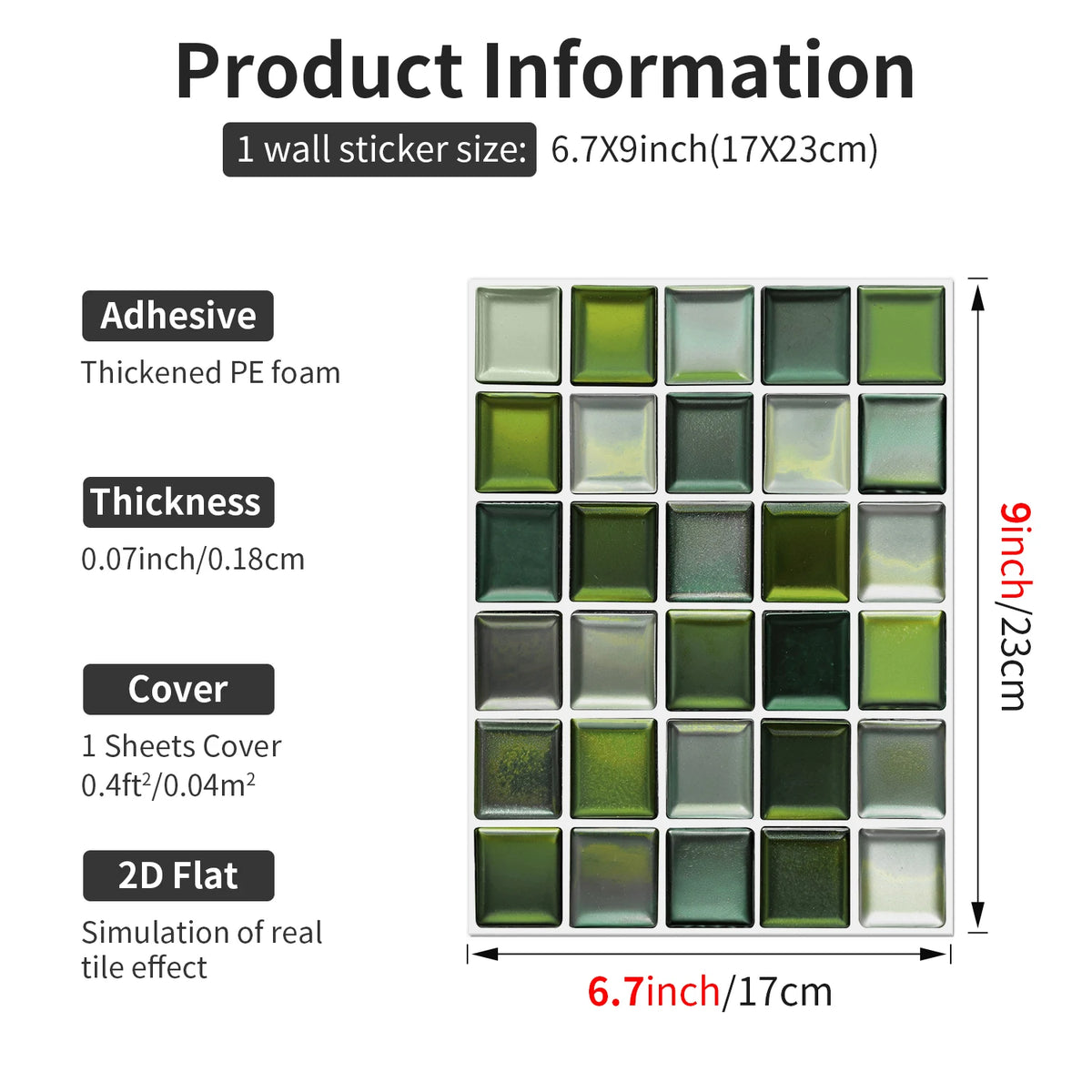 Green iridescent mosaic tile wall sticker sheet with glossy 3D square blocks