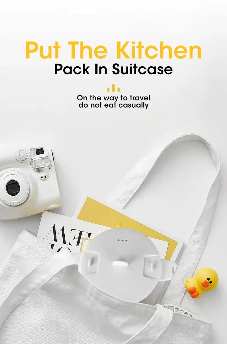 Portable folding electric hot pot parts packed in suitcase, white base and lid.