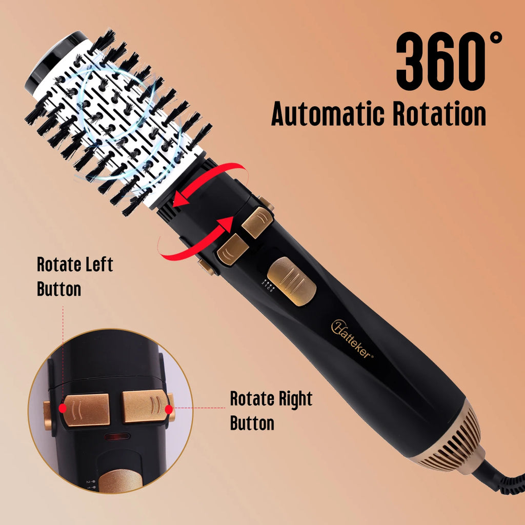 Hatteker 360° rotating hot air brush in black and gold with round styling comb attachment for easy hair curling.