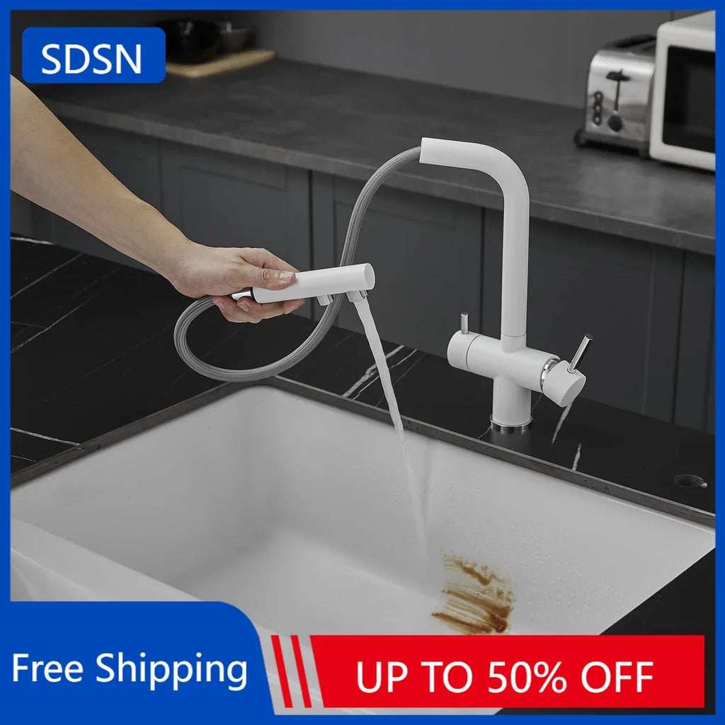 White Hot Cold Filter Kitchen Sink Faucets 3 Ways Pure Water Pull Out Kitchen Sink Mixer Tap Brass Filter Kitchen Sink Faucet