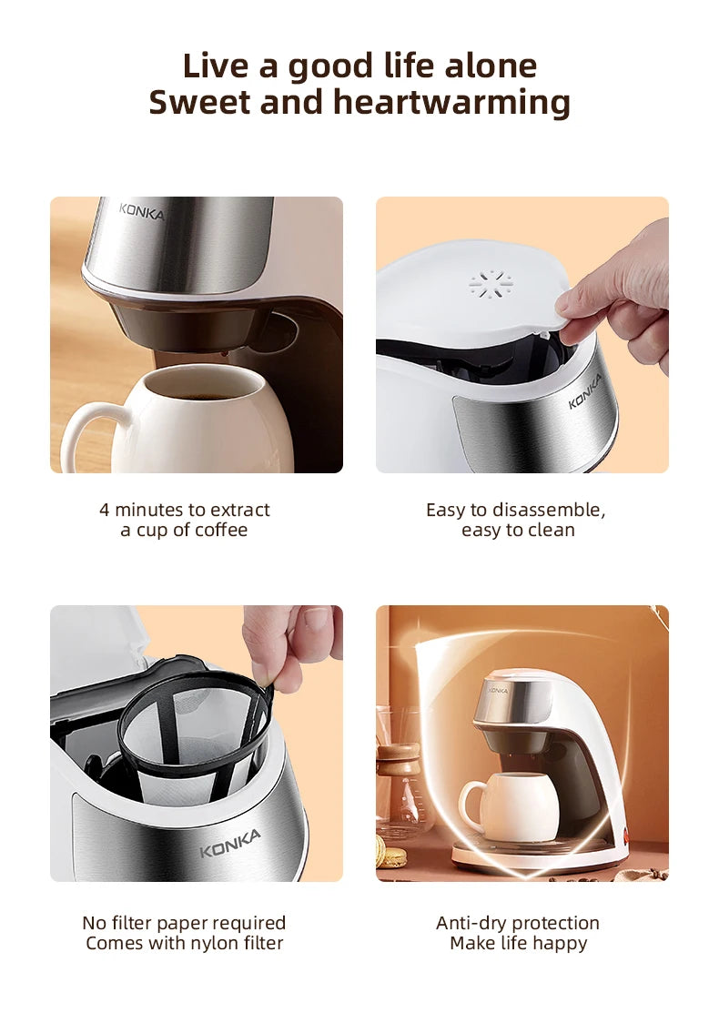 Konka compact white and stainless steel single-cup coffee maker with reusable nylon filter and anti-dry protection.