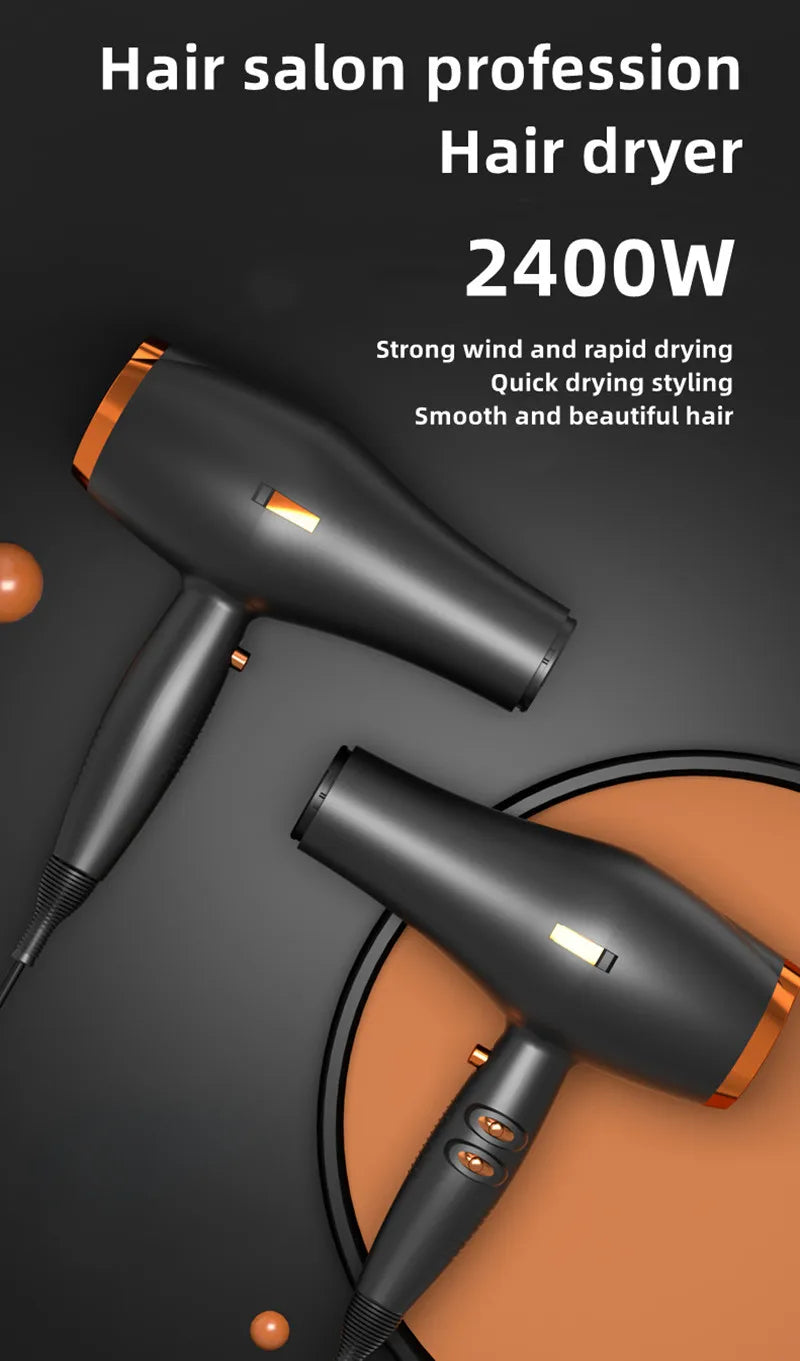 2400W professional hair dryer in matte black and gold with ergonomic design for fast, salon-quality hair styling.