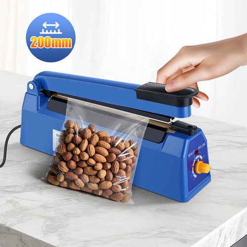 200mm blue impulse heat sealer with black sealing bar, shown sealing a clear plastic bag