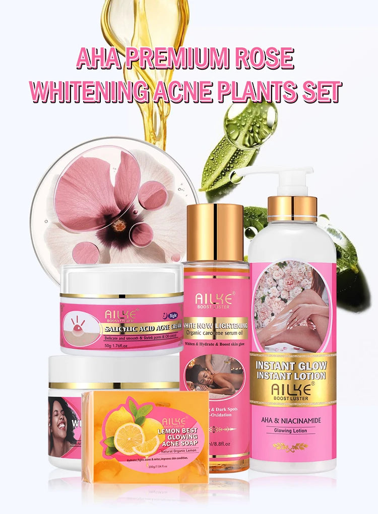 AILKE Organic Skin Brightening Set: AHA, Niacinamide, Lemon acne soap, and whitening lotion for dark spots and glow.