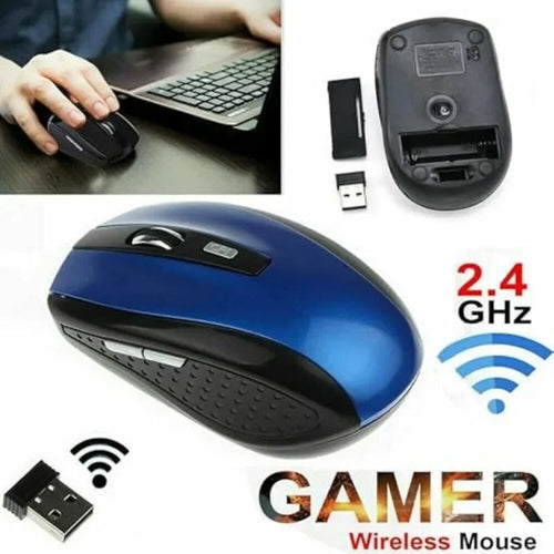Blue and black 2.4GHz wireless ergonomic gaming mouse with scroll wheel, side buttons, and USB receiver.