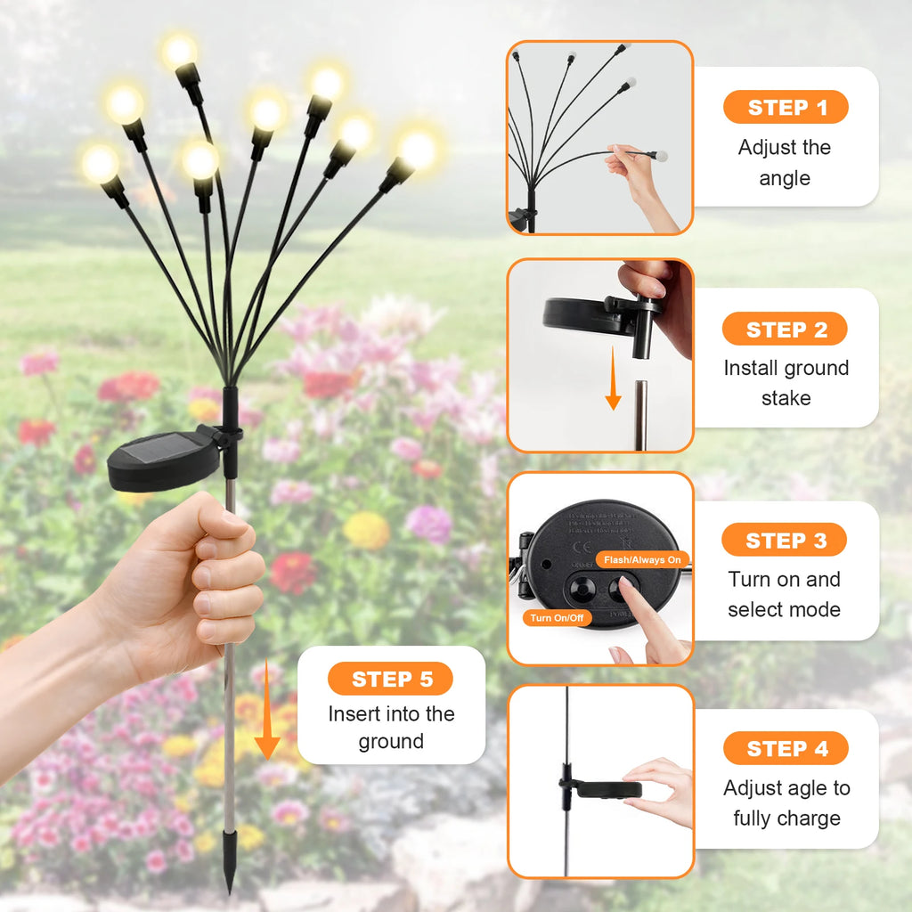 2Pack 8-Head Solar Firefly Lights Outdoor Pathway Decorative Garden IP651 Waterproof High Flexibility Iron Wire Heavy-Duty Bulb Base