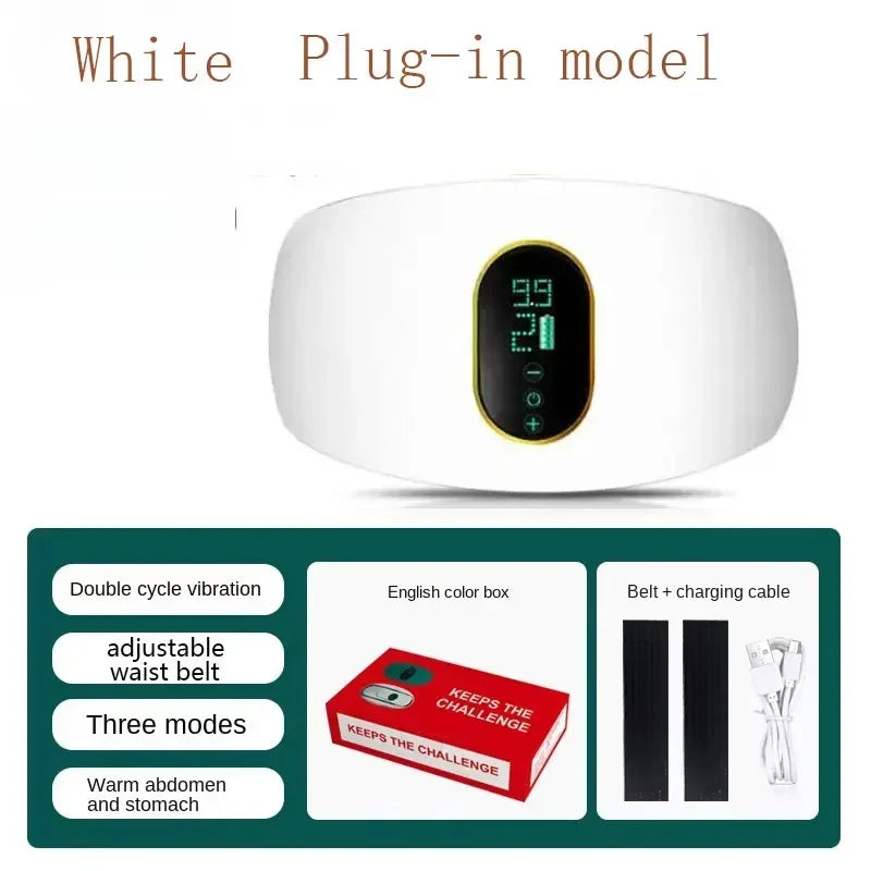 White electric body massager with digital display, shown with its red packaging box, charging cable, and waist belt.
