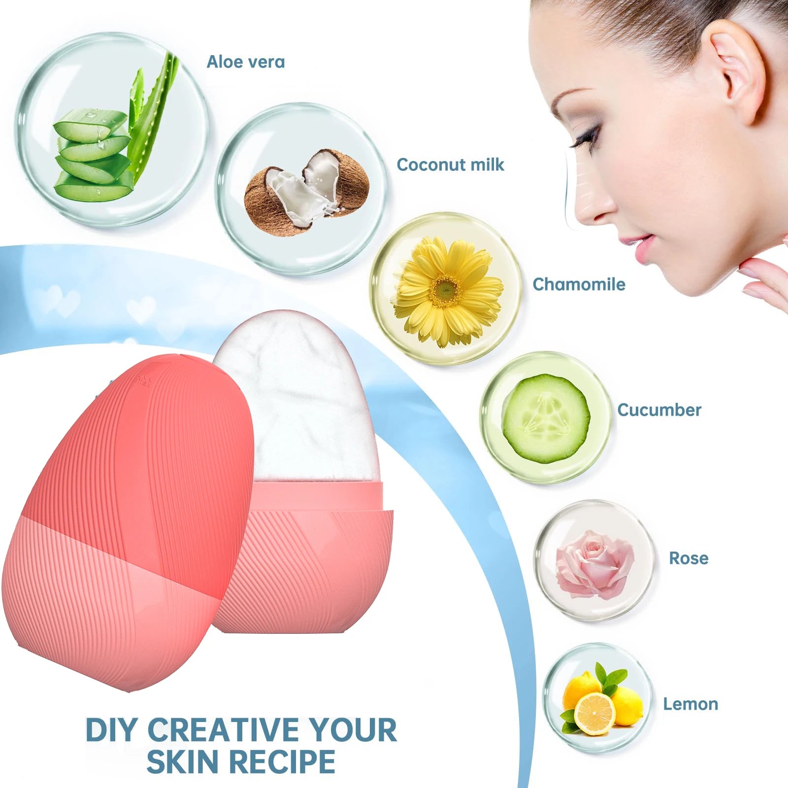 A coral-pink silicone ice face roller with ingredients like aloe, coconut, and flowers for DIY skincare recipes.