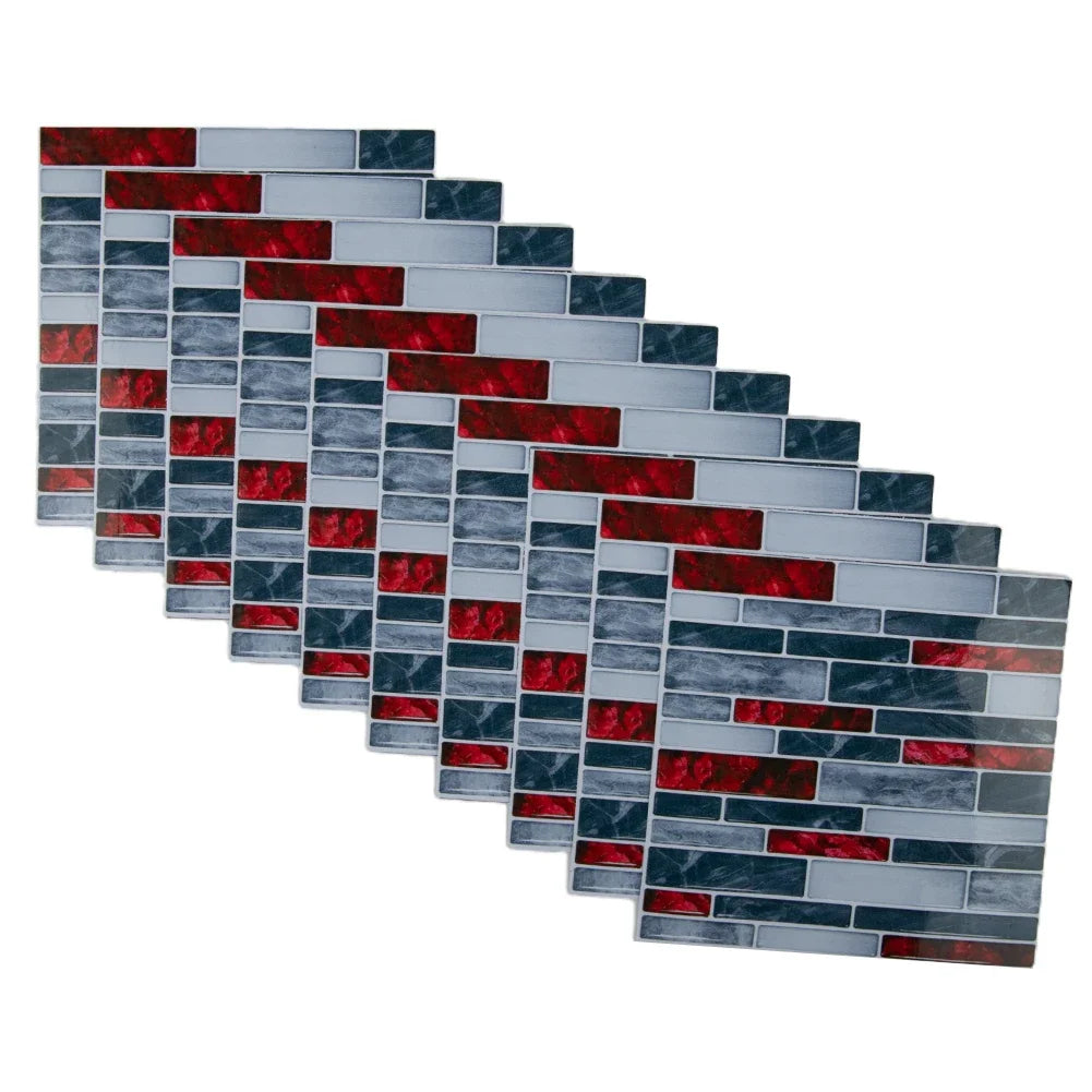 Self-adhesive 3D mosaic tile wall sticker sheets with dark gray tiles and red accent bars
