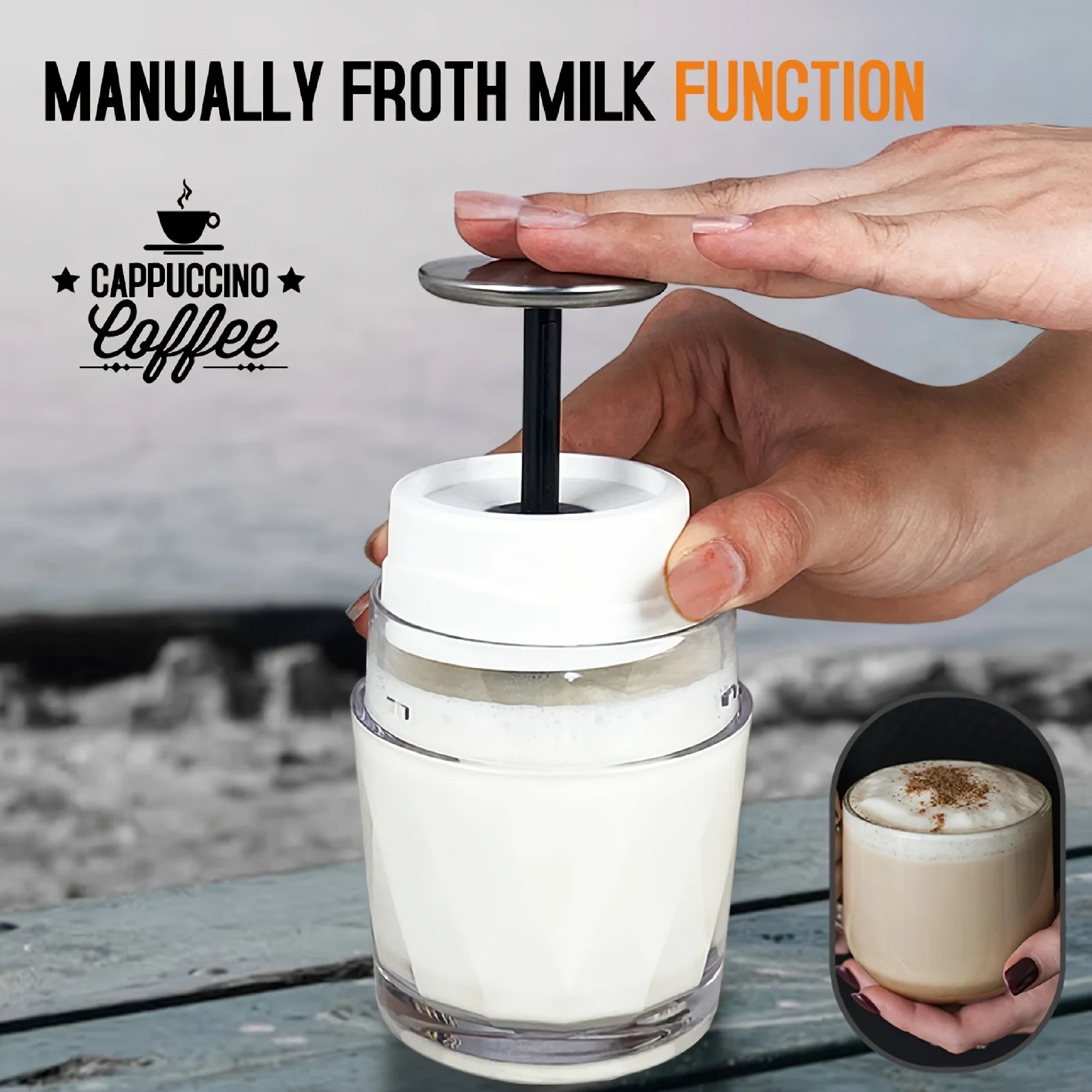 Manual milk frother for cappuccino, white plastic lid with stainless steel plunger for creamy coffee foam.