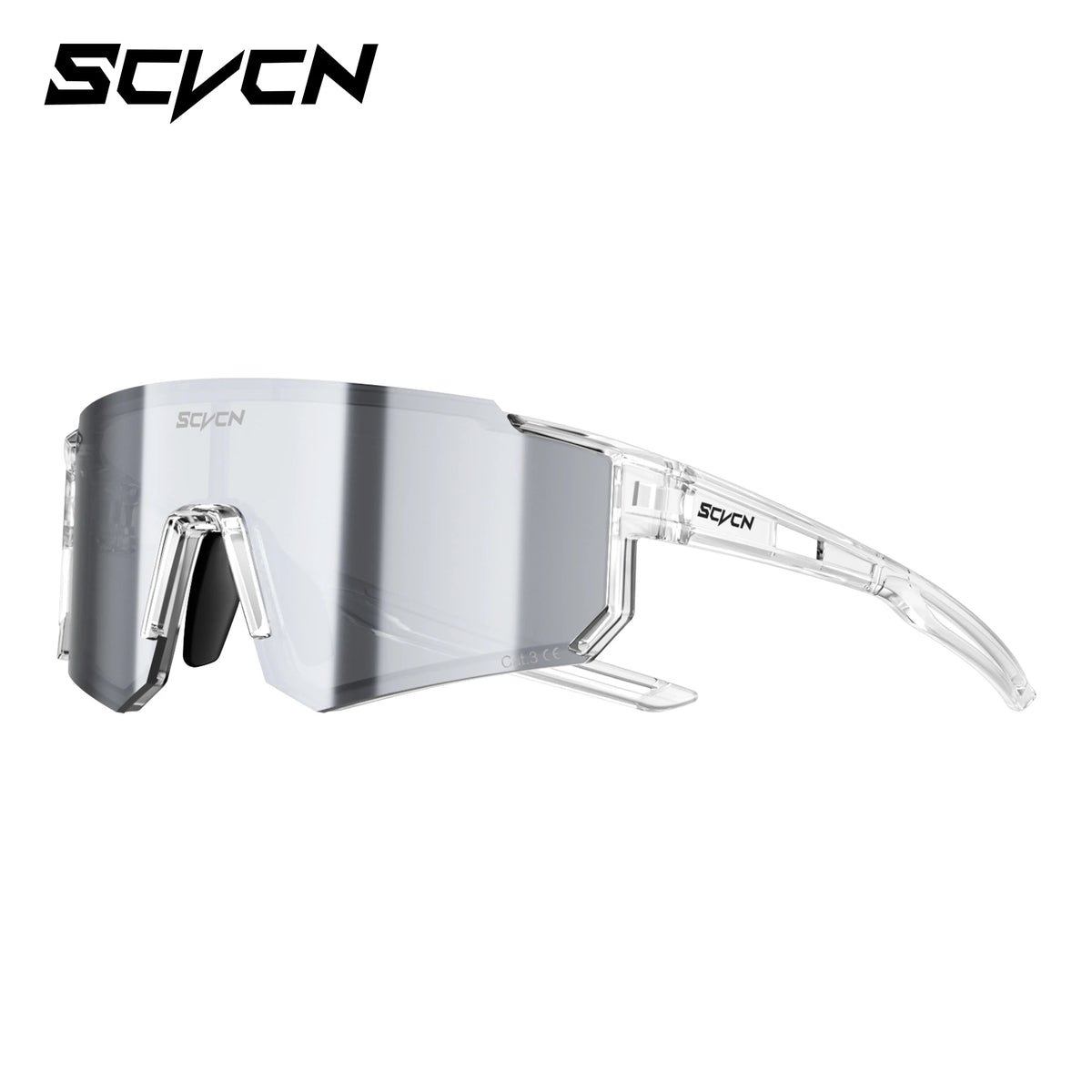 Sports sunglasses with clear frame and gray mirrored lenses, vented shield