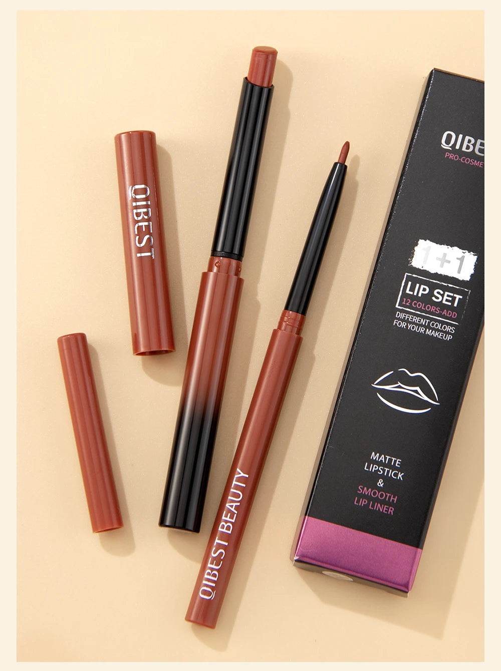 QIBEST matte lipstick and velvet lip liner pencil set in natural brown shades with black packaging.