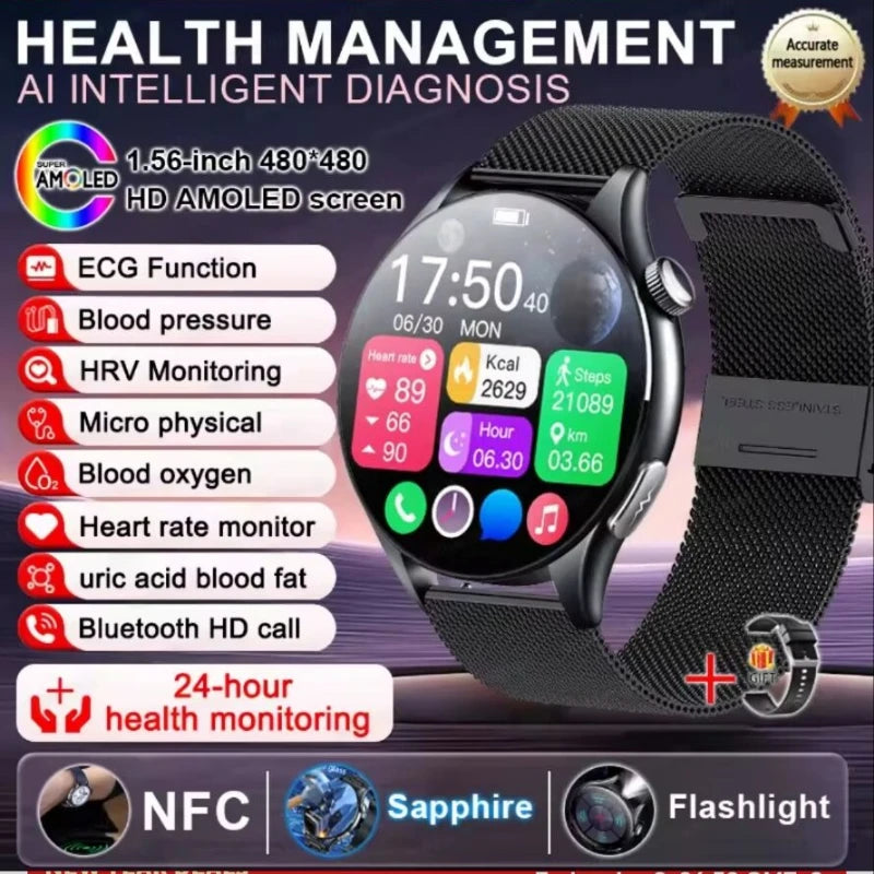 2026 New Health Analysis ECG+PPG Smart Watch Body Fat Uric Acid Blood Pressure Heart Rate Tracker NFC Smartwatch For Android IOS