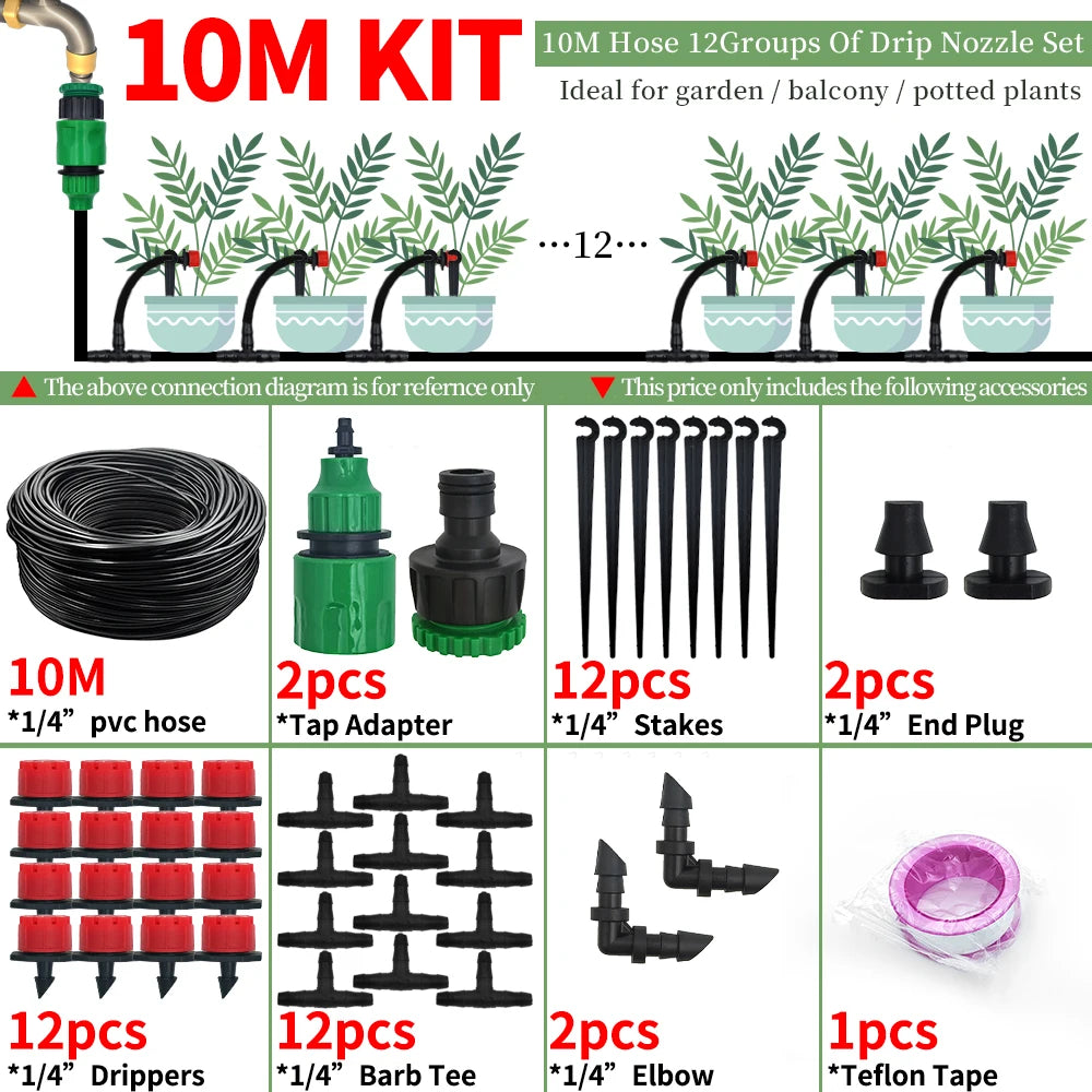 Drip irrigation kit set with coiled hose, adapters, stakes, and barb tees