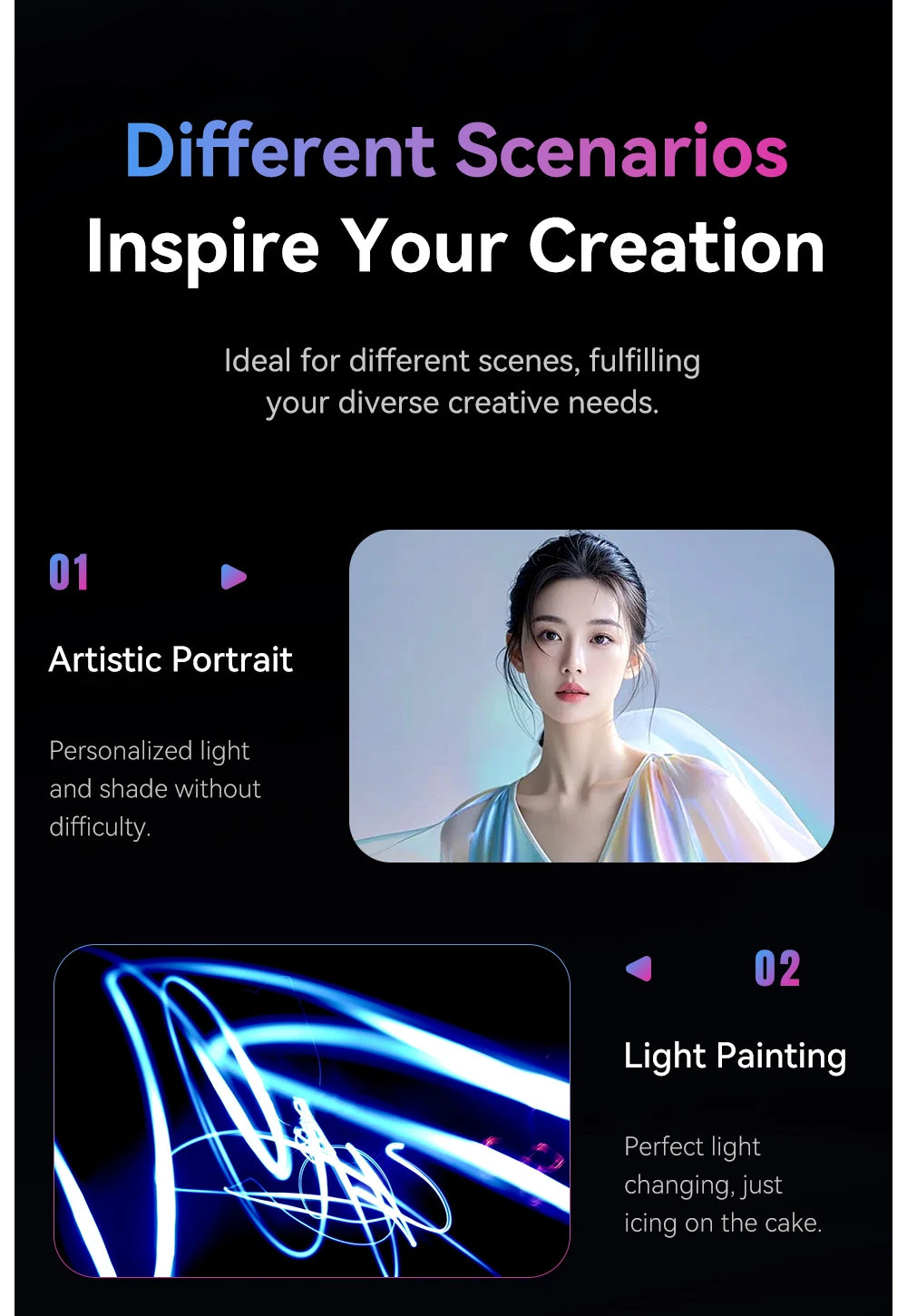 Lighting for artistic portraits and light painting photography, featuring a soft-lit woman and blue light trails.