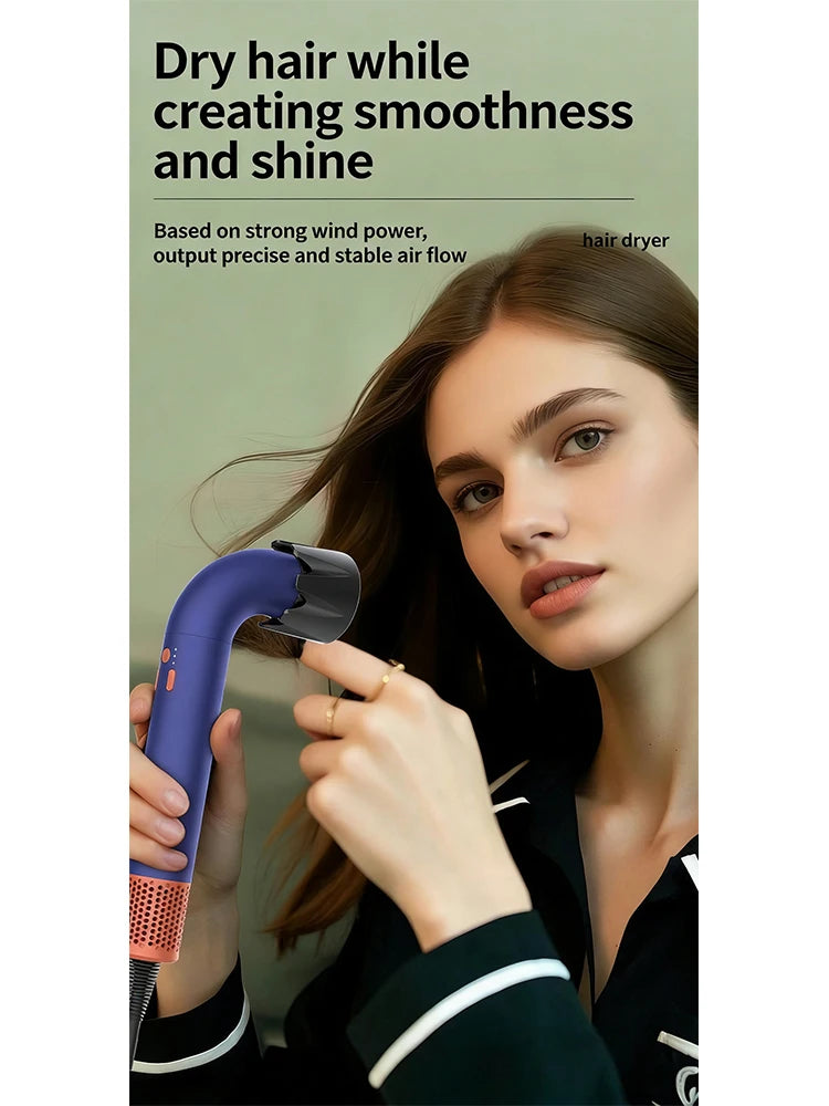 Blue high-speed curved-tube hair dryer with attachment for quick professional styling and smooth, shiny hair.