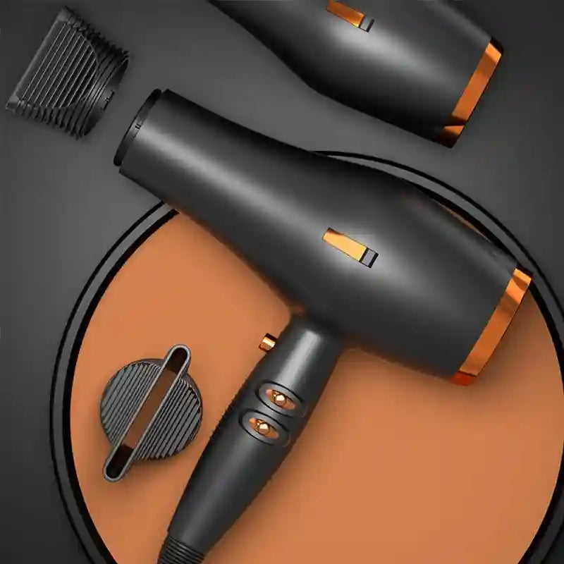 2400W professional high-speed matte black and copper hair dryer with styling nozzles for salon-quality quick drying.