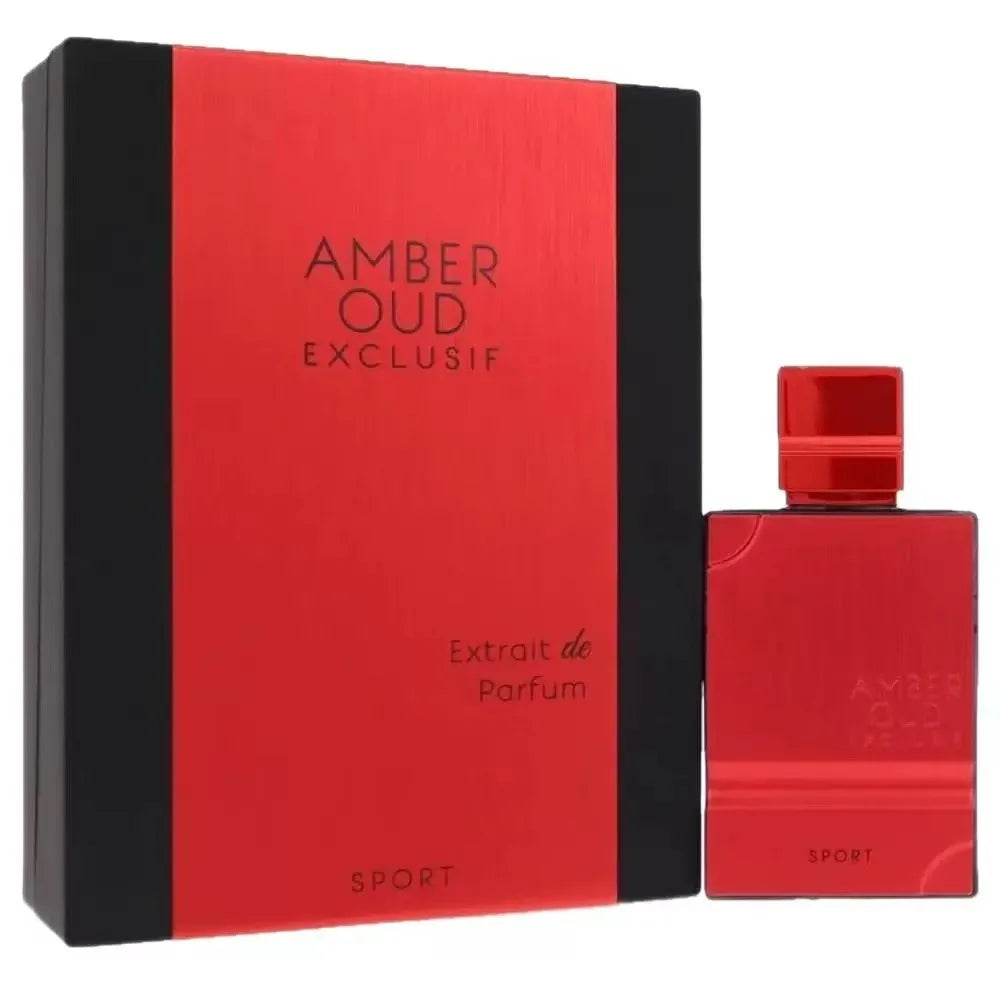 Amber Oud Exclusif Sport Extrait de Parfum: unisex 60ml oriental woody scent in a red rectangular bottle with gift box.